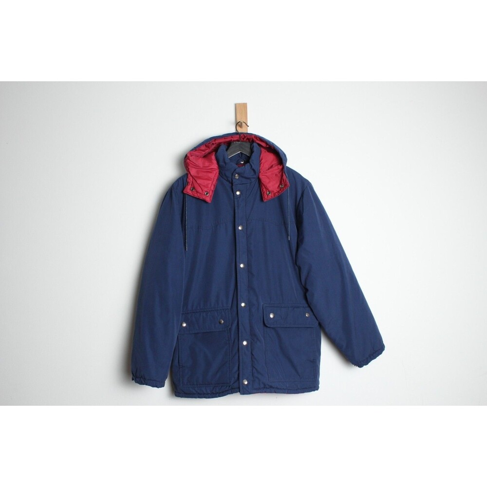 Vintage 90's JC Penney The Men's Shop Blue and Maroon Puffer Coat with Hood - M
